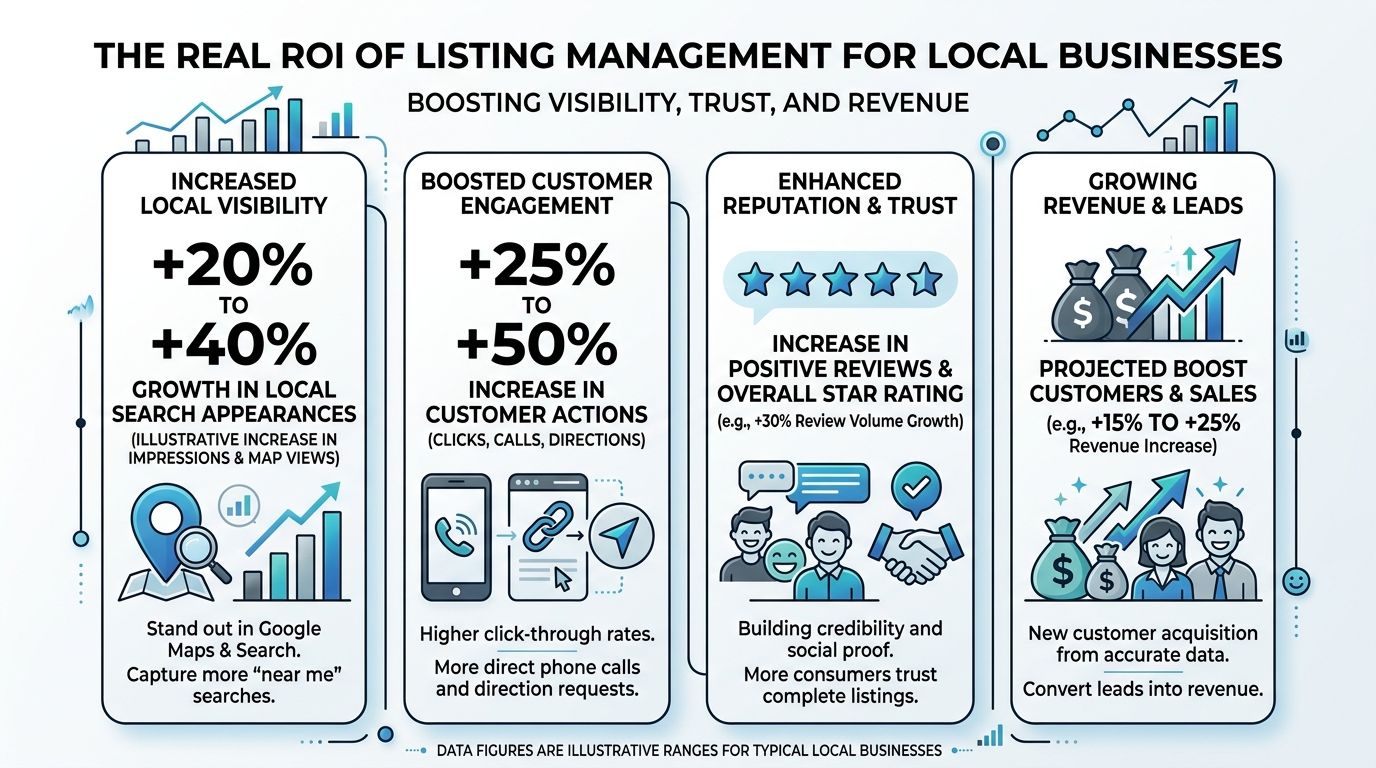 An infographic detailing the benefits of listing management services, including increased visibility, engagement, reputation, and revenue growth.