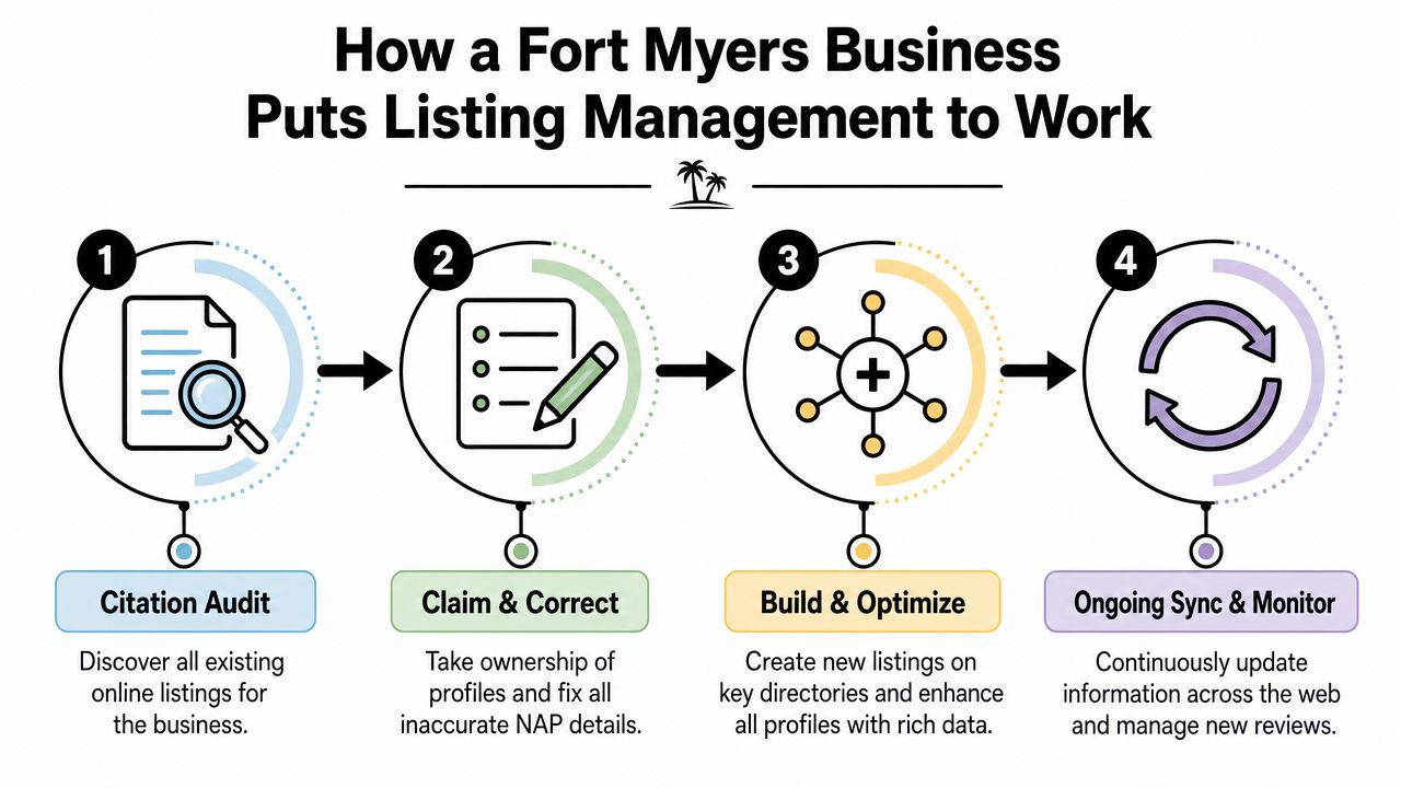 A four-step infographic illustrating the professional process for managing online business listings and local citations.