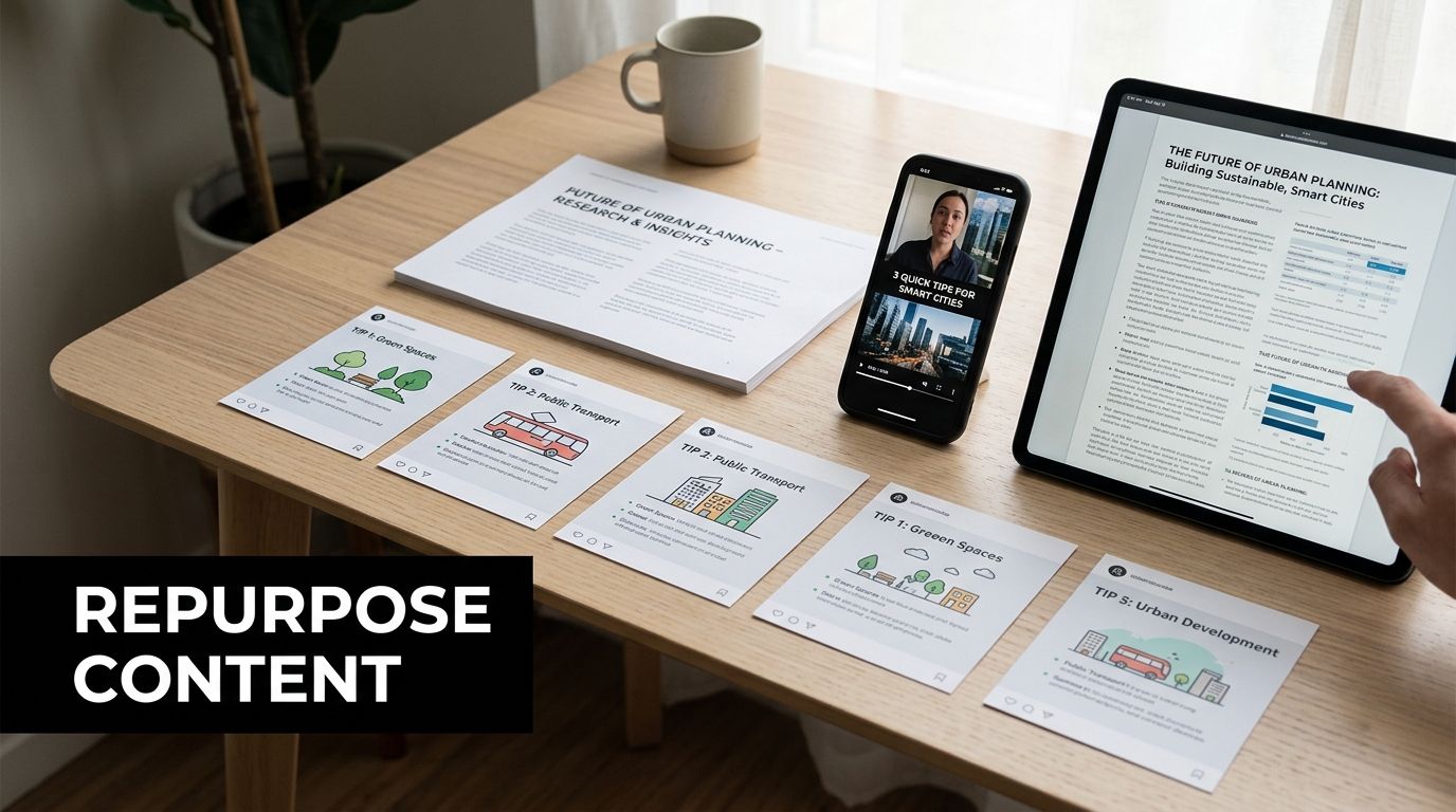 A clean desk showing a tablet, smartphone, and printed cards illustrating content repurposing strategies for social media.