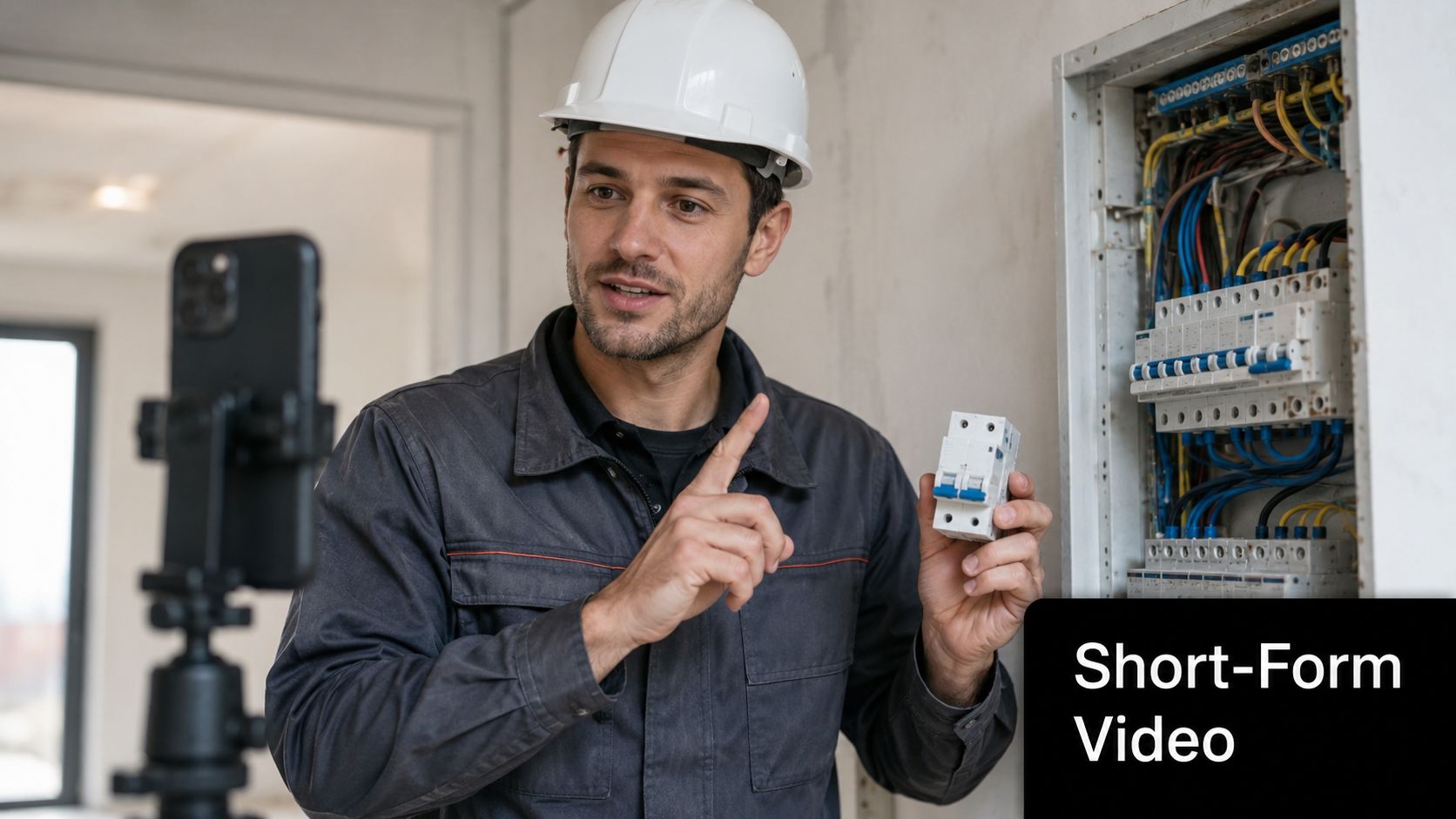 An electrician wearing a hard hat records a video on his smartphone in front of an electrical panel.