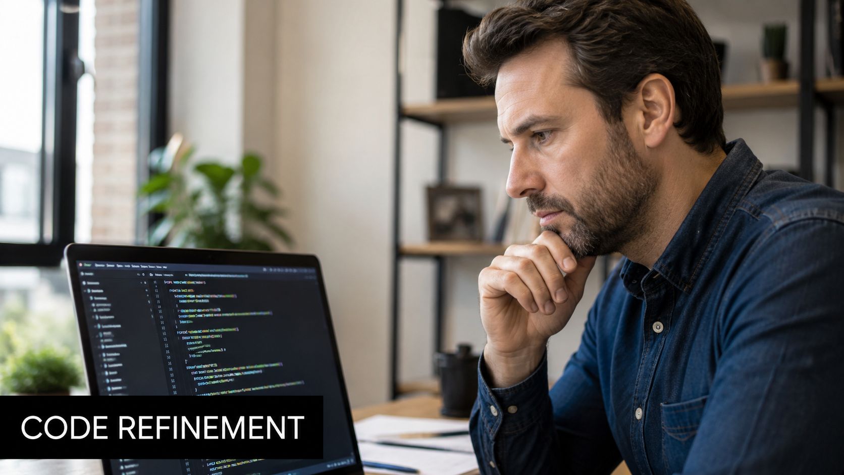 A professional software developer focusing intently on code displayed on a laptop screen while working.