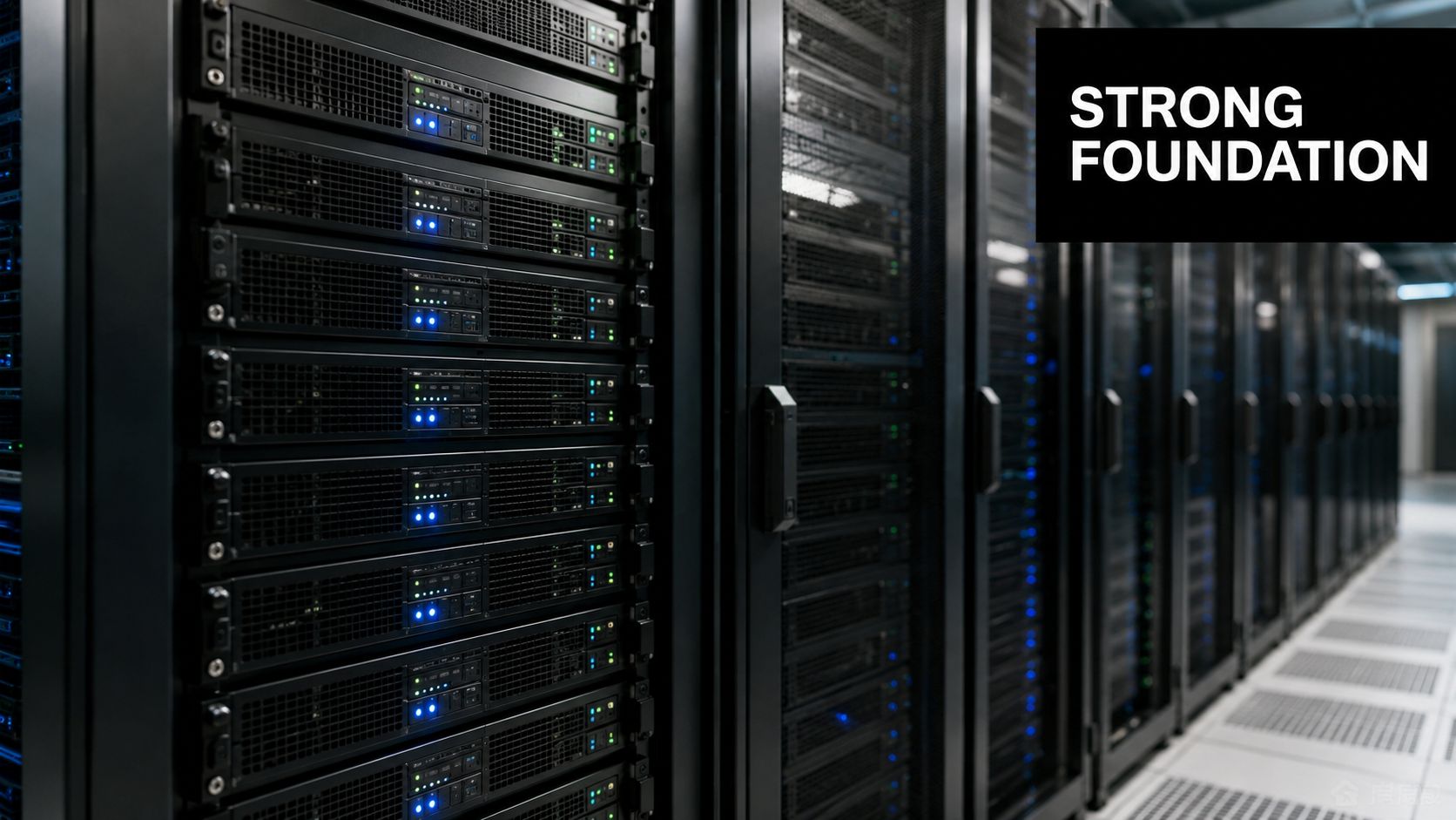 A modern data center featuring rows of server racks with blinking blue status lights and professional equipment.