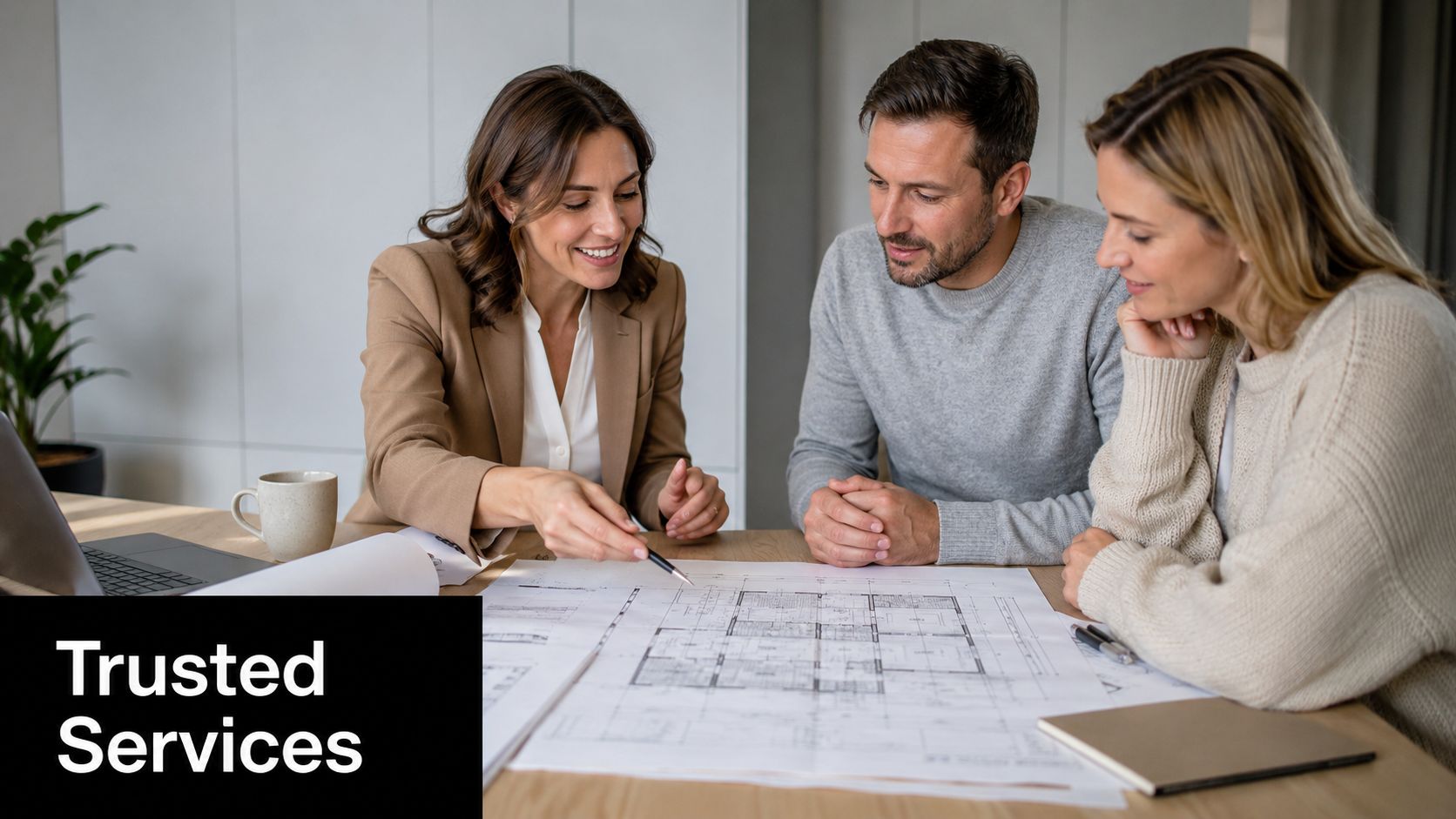 A professional architect discussing home floor plans with a couple at a wooden desk.