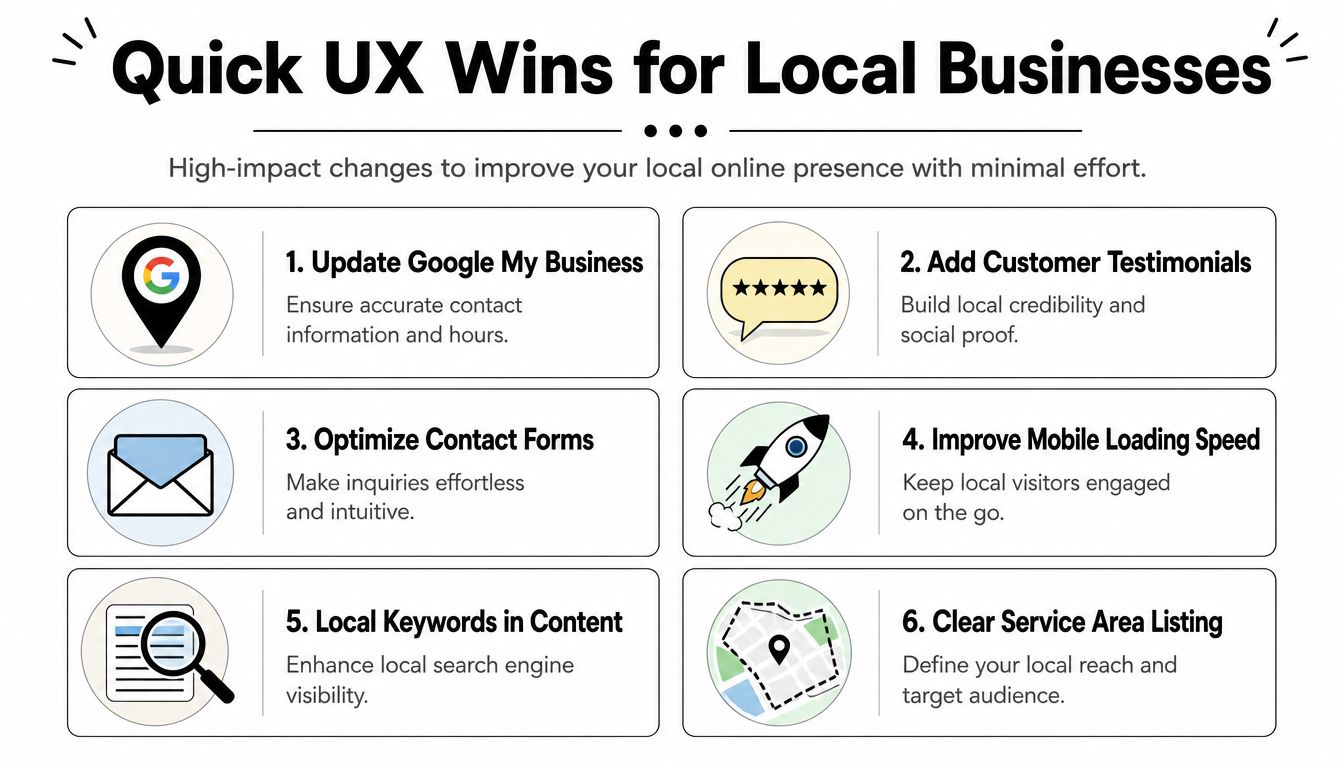 An infographic titled Quick UX Wins for Local Businesses listing six effective strategies to improve online presence.