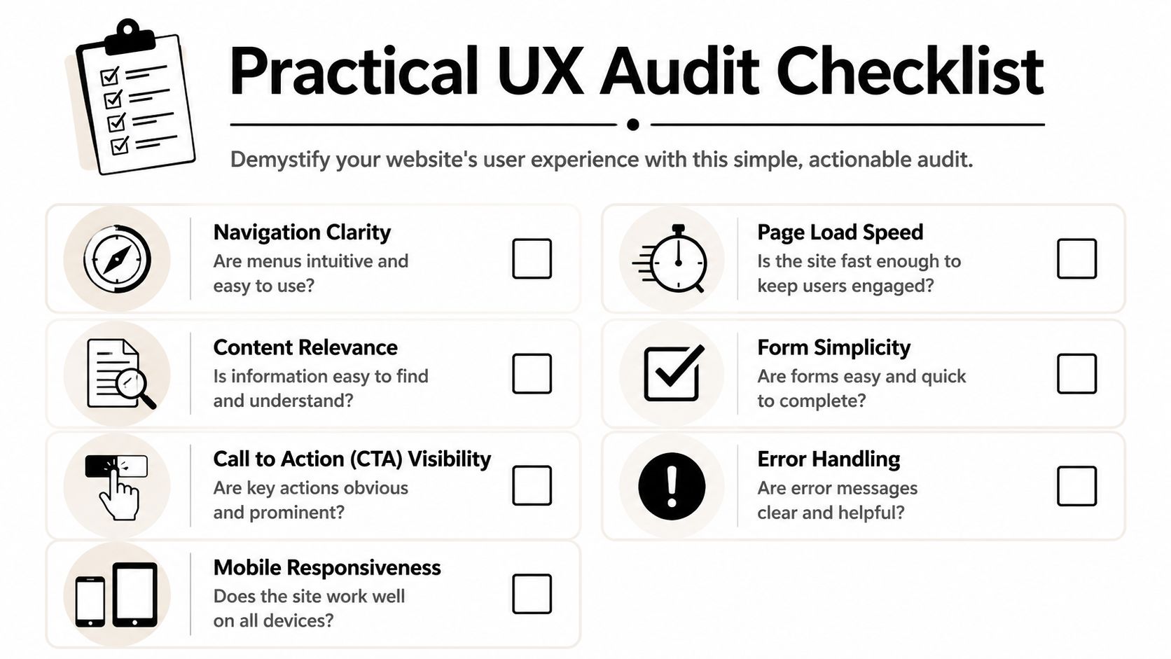 A visual checklist titled Practical UX Audit for website evaluation, featuring categories like navigation, speed, and responsiveness.