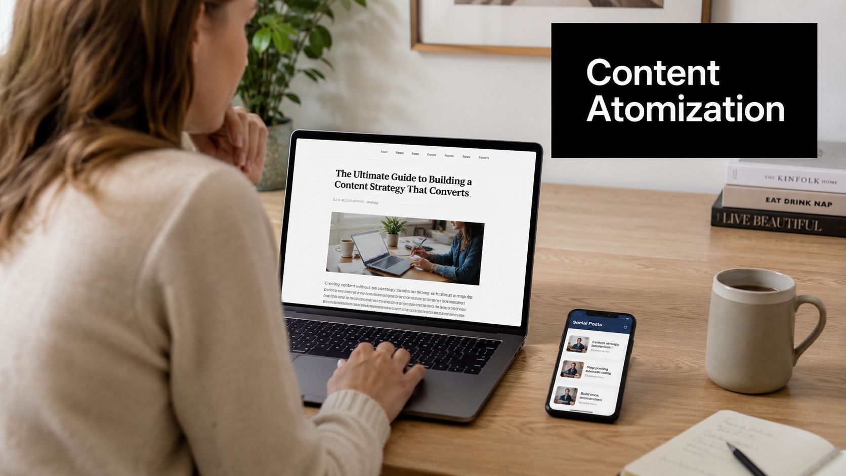 A woman working on a content strategy article on her laptop next to a phone showing social posts.