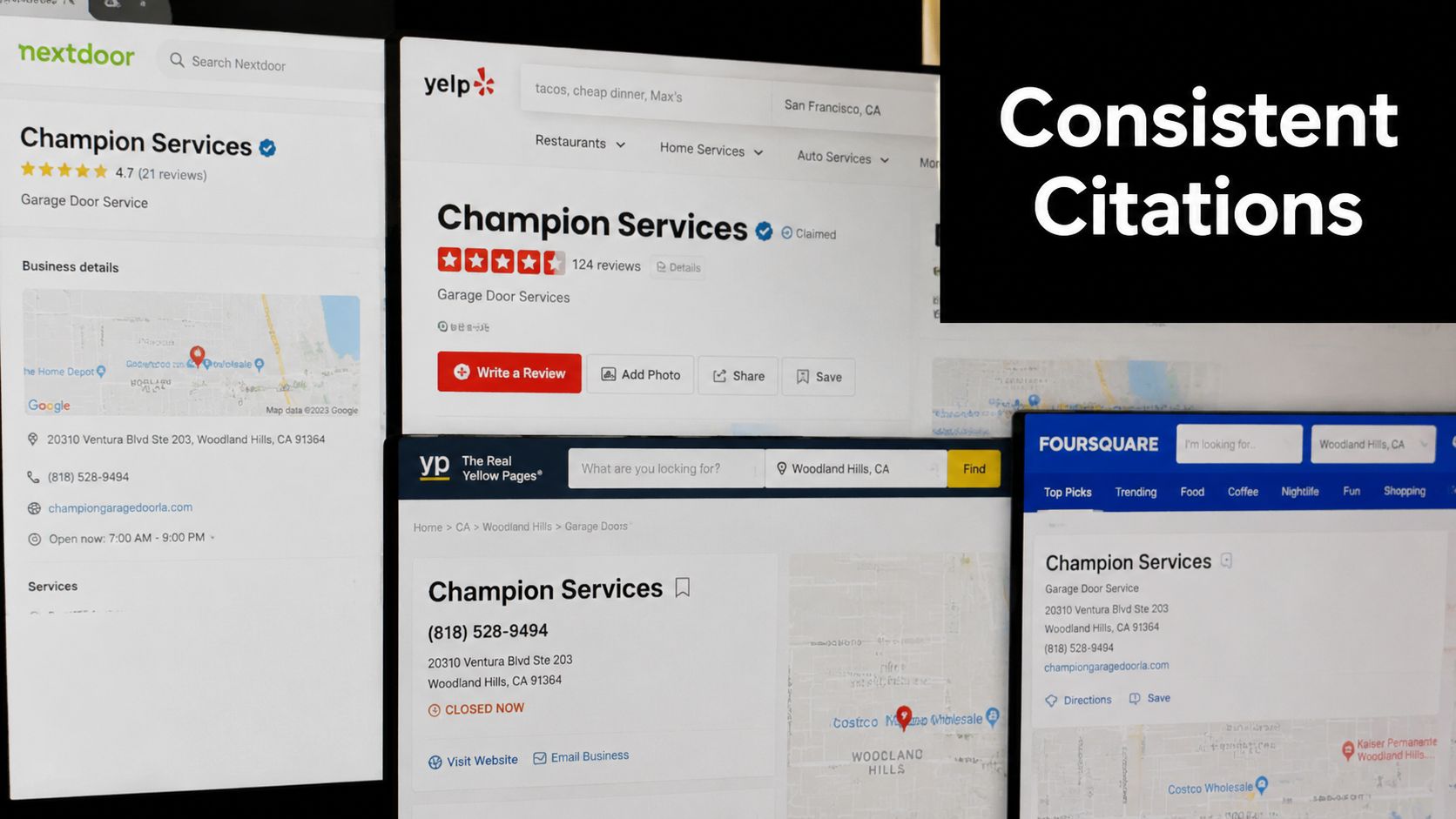A digital display showing consistent business citations for Champion Services across multiple online local directory platforms.