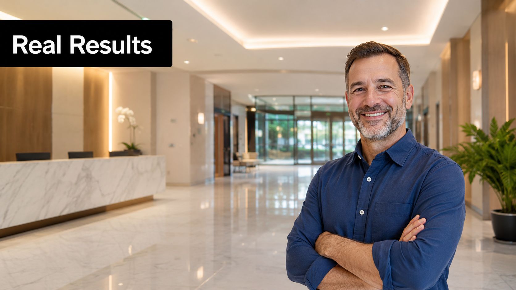 A smiling middle-aged man with arms crossed standing in a modern, well-lit office lobby.
